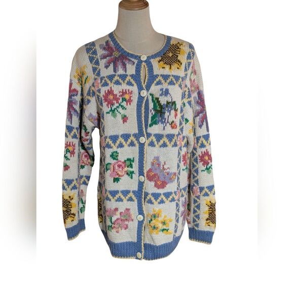 Design Options Sweaters - Design Options Vintagrle Patchwork Floral White Grandma Cardigan Sweater